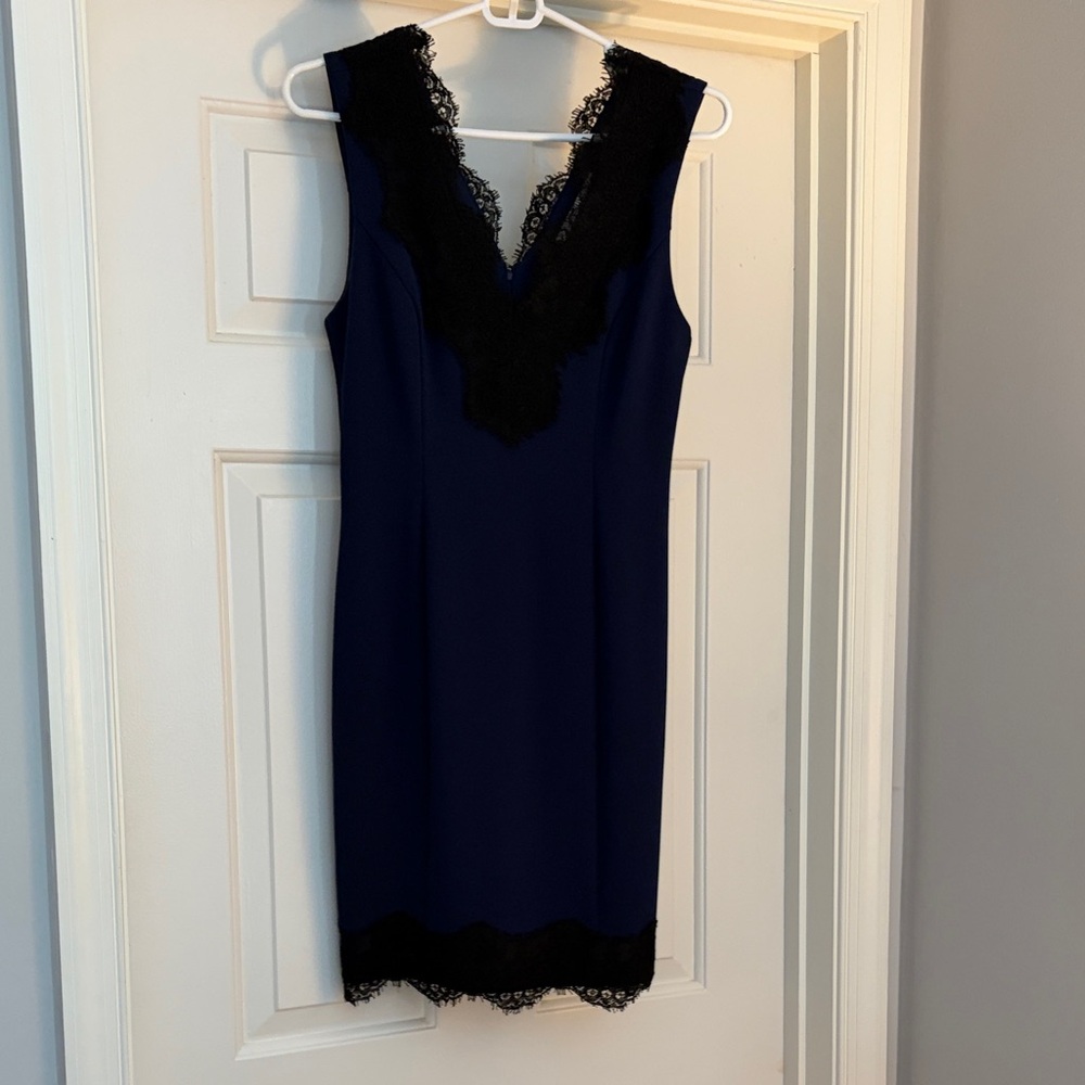 Charles Henry Blue and Black Lace Midi Dress